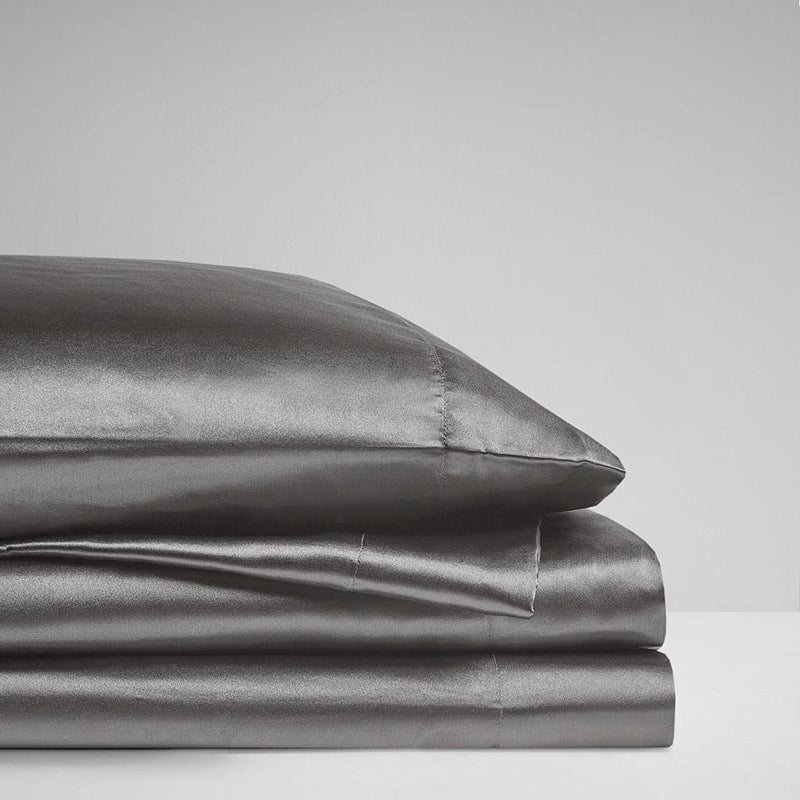Madison Park Essentials Satin Sheet Set Luxury and Silky with Natural Sheen, Elastic 14" Pocket fits up to 16" Mattress, All Around Elastic - Year-Round Bedding, Full, Grey, 6 Piece - Image 2